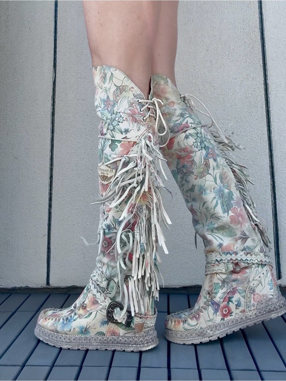 Floral Fringe Over the Knee Wedge Boots - White with Hand Painted Floral Design